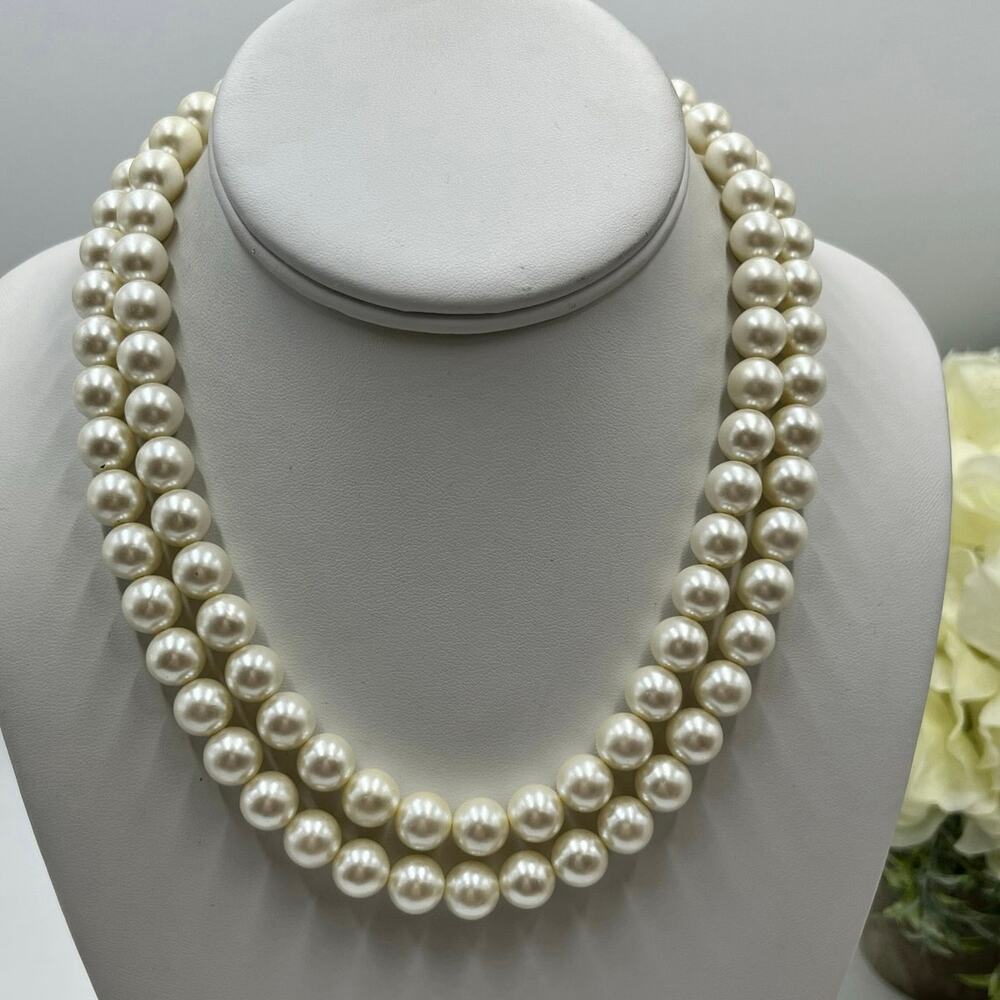 Napier Signed Double Strand Soft White Round Faux Pearl 10mm Gold Tone Necklace